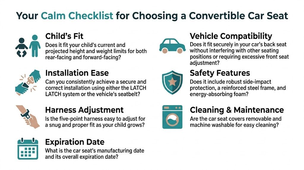 A checklist for parents listing essential factors to consider when choosing a safe convertible car seat.