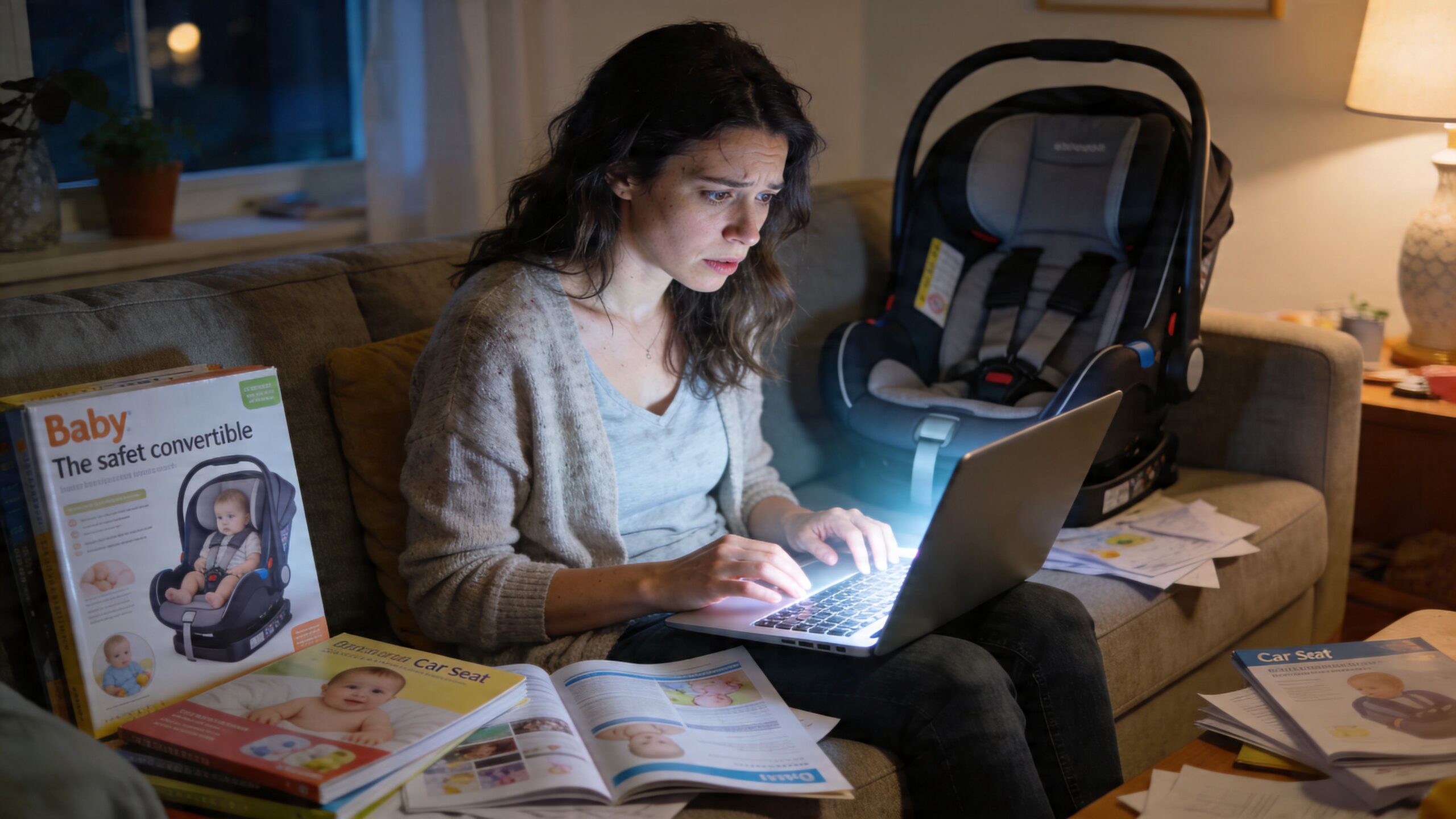 A concerned woman researches information about the safest convertible car seat on her laptop while sitting at home.